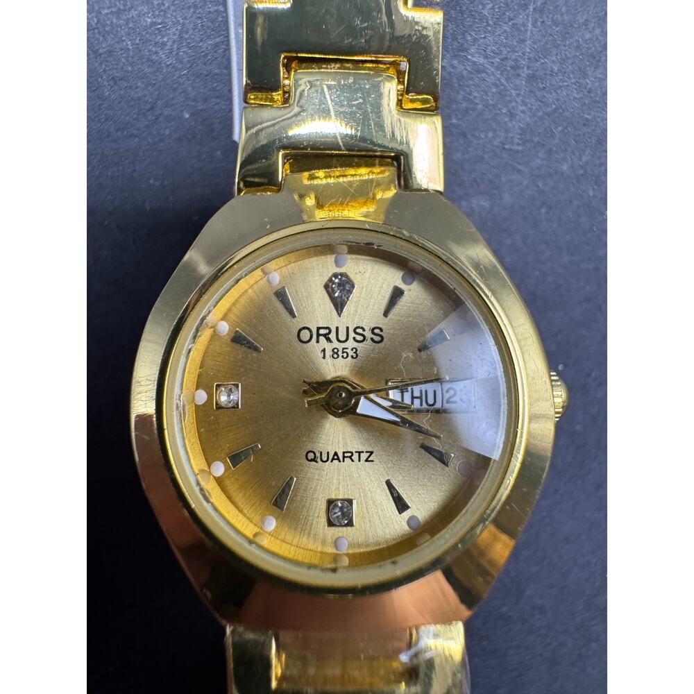 Vtg Oruss 1853 Woman's Luxury Rhinestone Quartz Watch Gold Tone Day/Date 24mm